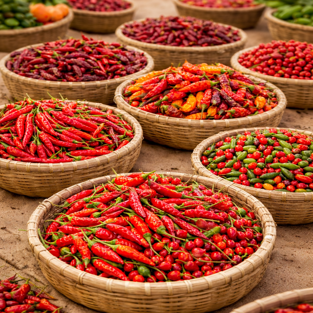 colorful chili pepper market display
