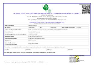 APEDA Registration-cum-Membership Certificate issued to Jiramji Exim LLP, registration number RCMC/APEDA/29186/2026-2027, valid until April 2031