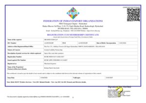 FIEO Registration-cum-Membership Certificate issued to Jiramji Exim LLP by Federation of Indian Export Organisations, registration number RCMC/FIEO/16271/2026-2027