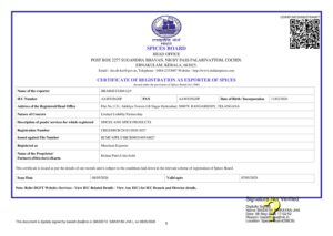 Spices Board India Certificate of Registration as Exporter of Spices issued to Jiramji Exim LLP, registration number CRES/SBCB/28181/2026-2027, valid until May 2029